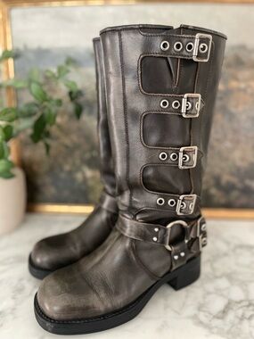 STEVE MADDEN ROCKY Brock Boots Distressed Moto Biker Knee High Festival Stomp